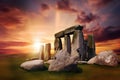 Stonehenge at Sunset in United Kingdom extreme closeup. Generative AI