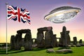 Stonehenge with the Union Jack with a flying saucer 2 Royalty Free Stock Photo