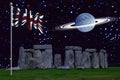 Stonehenge with the Union Jack with A planet with ring