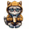 stoner cartoon kitty wearing a hoodie, and glasses and is drinking coffee