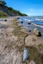 Stones and algae on the beach in front of the steep coast at the Baltic Sea in Steinbeck, Mecklenburg, small waves with foam Royalty Free Stock Photo