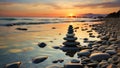 The stones are arranged in a Zen style on a beach with many stone piles on a morning