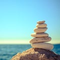 Stones balance at the beach, stack over blue sea Royalty Free Stock Photo