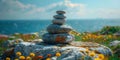 Stones balanced on boulder against blue sky symbolizing sustainability and balance. Concept Nature Photography, Sustainability,