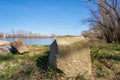 Stones on the banks of the Elbe near Magdeburg on the Elbe cycle path Royalty Free Stock Photo
