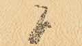 Stones on beach sand handmade symbol shape, golden sandy background, saxophone sign