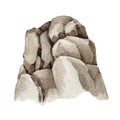 Stones big pile. Watercolor illustration. Hand drawn rocks natural element. Solid rocks nature illustration. Park