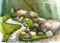 Stones, boulders, creek, grass and flowers in landscape design