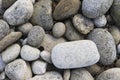 Stones and boulders in gray tones on the dry bed of a river.