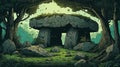 2d Game Art Drawing Of Stone Structure In Forest With Iban Art And Earthy Palettes