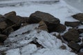 Stones and clear ice at the river in winter Royalty Free Stock Photo