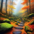 Stones Covered with Colorful Moss in the Autumn Mountain Forest Art Fall Mysterious Wood Atmospheric CG Digital Painting