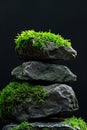 Stones covered with moss on a black background. Selective focus.