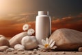 Stones flower plastic cosmetic bottle. Generate Ai