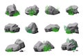 Stones in grass. Cartoon natural mountain stone, granite design with green. 3d rock texture, isolated natural boulder