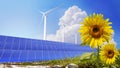 Solar field and wind turbine in sunflower field. Royalty Free Stock Photo