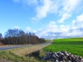 Stones, green field, way and cloudy sky, Lithuania Royalty Free Stock Photo