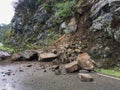 Stones have fallen from the mountain to the road in Georgia