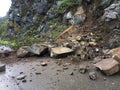 Stones have fallen from the mountain to the road in Georgia