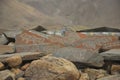 Stones inscribed with Buddhist mantra Om Mani Padme Hum in Ladakh, INDIA Royalty Free Stock Photo