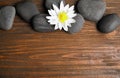 Stones with lotus flower and space for text on background, flat lay. Zen lifestyle Royalty Free Stock Photo