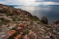 Stones with red moss on the rocks of Lake Baikal on Olkhon Island. Between the stones green grass. Mountains behind the lake. Royalty Free Stock Photo