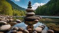 stones on the river A zen meditation landscape with calm and spiritual nature environment. The river is clear and flowing Royalty Free Stock Photo