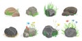 Stones, rocks and boulders set, pile of rubble, gravel and big blocks with grass, herbs