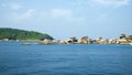 Stones and rocks paradise lagoon. Island in the ocean. Seascape with azure water, rock, and big stones.