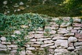 The stones are stacked on top of each other in the form of a wall with ivy curling along the top. Royalty Free Stock Photo