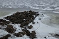 Stones surrounded by ice of frozen river Royalty Free Stock Photo