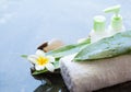 stones, towel, bottles, leaves for massage treatment on dark background with copy space Royalty Free Stock Photo