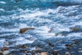 Stones in water riffle of mountain river. Powerful water stream among stones in mountain creek with rapids. Fast flow among rocks Royalty Free Stock Photo