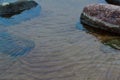 Stones with white stains on sandy shore with blue reflections in clear water of Lake Ladoga Royalty Free Stock Photo