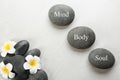 Stones with words MIND, BODY, SOUL and flowers on light background, flat lay. Zen lifestyle