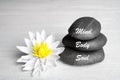 Stones with words Mind, Body, Soul and lotus flower on wooden table. Zen lifestyle