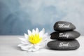 Stones with words Mind, Body, Soul and lotus flower on wooden table. Zen lifestyle Royalty Free Stock Photo