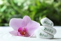 Stones with words Mind, Body, Soul and orchid on sand. Zen lifestyle Royalty Free Stock Photo