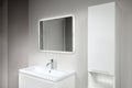 Stoneware countertop bathroom with tired beton wall . White industrial flat loft bathroom with modern countertop basin