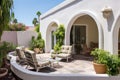 stonework patio and garden wall with stucco archways