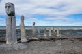 Stonework statues leading into the St. Laurence River