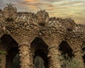 Stonework under a walkway in Parc Guell, a privatized park system composed of gardens and architectural elements in Barcelona.