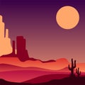 Stony Arizona desert with silhouettes of cacti. Natural scenery of North America. Vector design for poster, print or