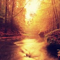 Stony bank of autumn mountain river covered by orange beech leaves. Fresh green leaves on branches above water make colorful Royalty Free Stock Photo