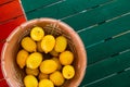 Basket of lemons on the coloful table view from above with copyspace Royalty Free Stock Photo