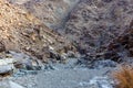 Stony, dry riverbed wadi with remains of raw ore of copper, green stones and rocks, Hajar Mountains, UAE