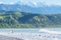 Stony Mangamaunu, beach near Kaikoura with surf rolling in and surfers under backdrop of coastal range with snow capped mountains