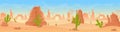 Stony sandy desert landscape panorama flat cartoon vector illustration background. Panoramic wild lifeless nature, hot Royalty Free Stock Photo