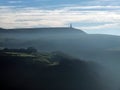 Stoodley pike in west yorkshire with morning mist in winter