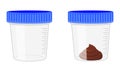 Stool sample, empty and full plastic cups. Poop analysis. Laboratory examination concept. Vector cartoon illustration